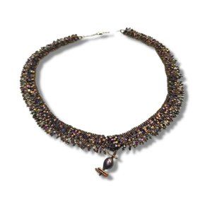 Golden Earth toned Hand Bead Woven Necklace With Pearl Drop